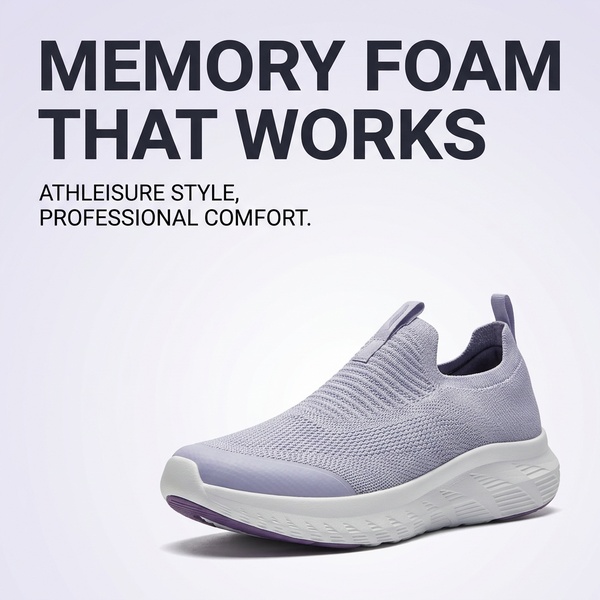 athletic shoes, sneakers, running shoes, memory foam shoes, slip on shoes, walking shoes, comfort shoes, product launch, minimalist, trustworthy, purple, neutral